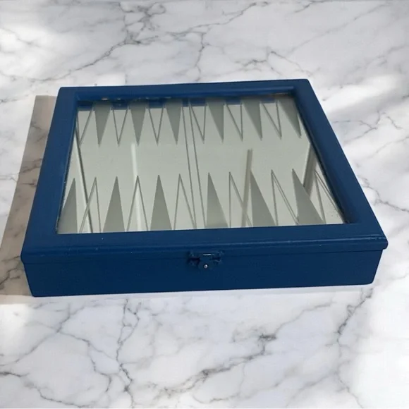 Vintage MidCentury Mirror Box - Backgammon Game Case in Blue Framed - rare